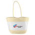 A patterned paper tote bag in cream and beige with a logo printed on the front. It features two sturdy handles.