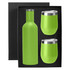 A drink bottle and two tumblers in bright green, packaged in a sleek black gift box.