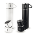 A drink bottle set featuring a white and a black flask with two matching black cups. Each flask has a logo.