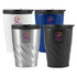 A set of four Ello Twist Mugs in white, stainless steel, blue, and black, each with a lid and a logo.