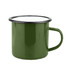 A green enamel camper mug with a black rim and handle, featuring a smooth finish and simple design.
