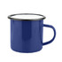 A blue enamel camper mug with a white interior and a black rim. It features a handle for easy carrying.