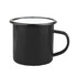 A black enamel camper mug with a white interior and a sturdy handle. Features a logo on the side.