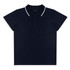 A navy polo shirt with short sleeves and a contrasting white collar, featuring a placket with buttons and a logo.