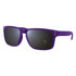 Purple sunglasses with dark lenses and a sleek design, featuring a logo on the arm.