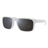 White sunglasses with dark lenses, featuring a simple design and a logo on the side. Suitable for leisure and outdoor use.