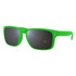 Bright green sunglasses with dark lenses, featuring a branded logo on the side. Suitable for leisure and outdoor activities.