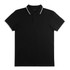 A black polo shirt with a contrasting collar and three buttons, featuring a logo.