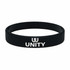 A black silicone wristband with a logo and the word "UNITY" in white text.