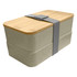 A wheat straw lunch box pack in a light beige colour, featuring a bamboo lid and a grey strap.