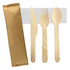 A wooden cutlery set featuring a knife, fork, and spoon in a gold wrapper.