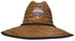A straw hat in a burnt finish with a circular logo in the centre and a wide brim.
