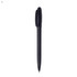 A black plastic pen with a clip and a smooth, tapered body. It features a branding logo.