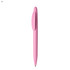 A pink plastic pen with a clip, featuring a sleek design and a branding logo.