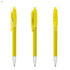 A clear yellow plastic pen with a click mechanism and a chrome tip, featuring a logo on the side.