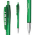 A green plastic pen with a transparent barrel, featuring a clip and a silver tip. The pen has a branding logo.