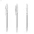 A set of three transparent plastic pens with silver accents and a visible clip. Each pen has a retractable design.