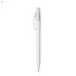 A white plastic pen with a clear clip and transparent cap, featuring a logo.