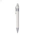A plastic pen in white with silver accents and a stylus tip, featuring a clip and branding.