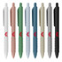 A set of plastic pens in various colours including white, pink, green, blue, grey, and black, featuring a logo.
