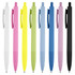 A collection of plastic pens in white, pink, yellow, green, light blue, dark blue, lavender, and black, featuring logos.