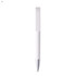 A plastic pen in white with a silver tip and a branding logo on its side.