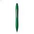A green plastic pen with a silver clip and a rounded top, featuring a logo.