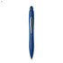 A blue plastic pen with a sleek design and a silver clip. The pen features a rounded top and a pointed tip.