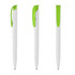 Three plastic pens with white bodies and bright green accents, featuring a logo on the side.