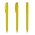 A set of three translucent yellow plastic pens, featuring a clip and a sleek design. Each pen has a rounded tip.