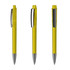 Transparent yellow plastic pens with silver accents and black clips, featuring various angles of the design.