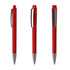 A collection of red plastic pens with a glossy finish and silver accents, featuring a clip and branding.