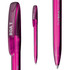 A pink transparent plastic pen with a sleek design and a logo on the barrel.