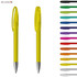 A yellow plastic pen with a clip, alongside various other colourful pens. The image features a logo.