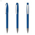 A blue plastic pen with a transparent barrel and silver accents, featuring a clip for easy attachment.
