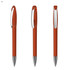 A transparent orange plastic pen with a silver clip and tip, displayed from multiple angles.