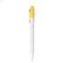 A plastic pen with a white body and yellow cap, featuring a branding logo.