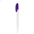 A plastic pen with a white body and a purple top, featuring a branding logo.