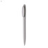 A plastic pen in a light grey colour with a smooth, sleek design and a logo on the side.
