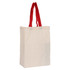 A cream tote bag with red handles and a logo. Suitable for various uses, promoting sustainability.