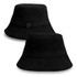 A black bucket hat featuring a simple design with a small logo and eyelets.