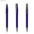 A dark blue plastic pen with a silver clip, displayed from three angles, featuring a sleek design.