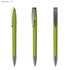 A light green plastic pen with a silver clip, featuring a sleek, transparent design.