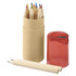 A tube containing coloured pencils in various shades, with a sharpener and a couple of wooden pencils beside it.