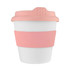 A drink cup made of white material with a pink silicone lid and pink sleeve, featuring a logo.