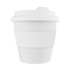 A reusable coffee cup in white with a textured grip and a lid, featuring a branding logo.