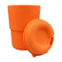 A drink bottle in vibrant orange with a textured design and a matching lid. It features a branding logo.