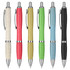 A selection of plastic pens in white, red, yellow, green, blue, and black, featuring metal accents and a logo.