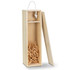 A wooden wine gift box in natural colour with a rope handle, lined with shredded paper inside.
