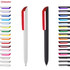 Two plastic pens, one white with a red clip and one black, surrounded by various colourful options. Features a brand logo.